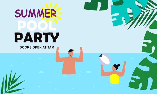 A poster for summer pool party with people swimming in the water.