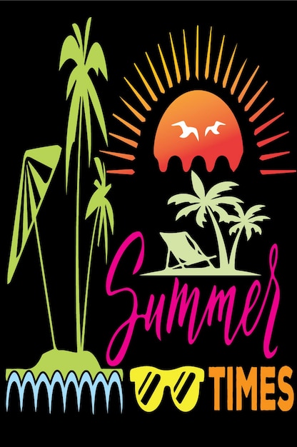 a poster for summer time with a palm tree and a sunburst on it