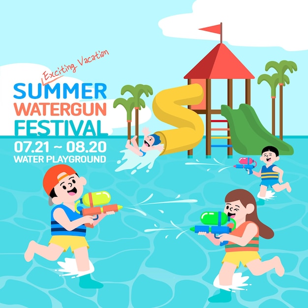 a poster for summer water gun festival with palm trees and a water park in the background