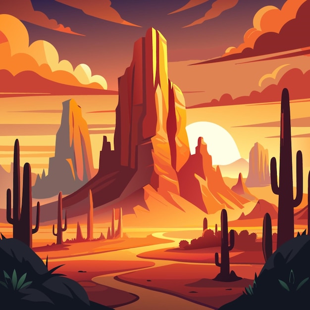 Vector a poster for a sunset with a desert landscape and cactus