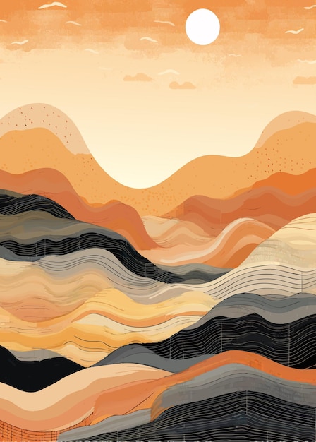 a poster for a sunset with a mountain in the background