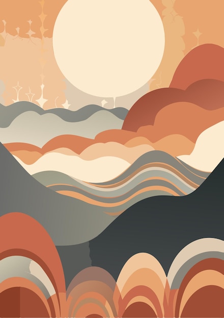 a poster for a sunset with a mountain in the background