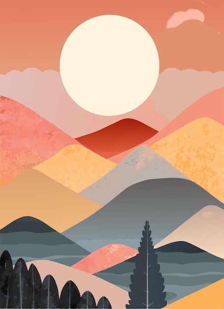 a poster for a sunset with a mountain in the background