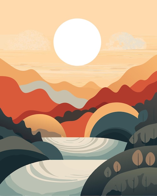 Vector a poster for a sunset with a mountain in the background