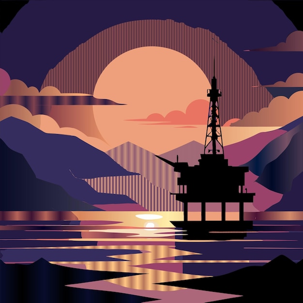 a poster for a sunset with mountains and a ship in the background