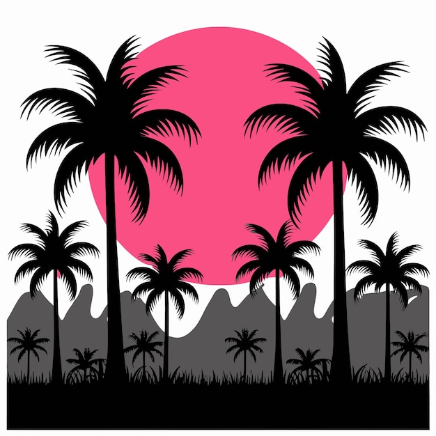 a poster for a sunset with palm trees and the moon in the background