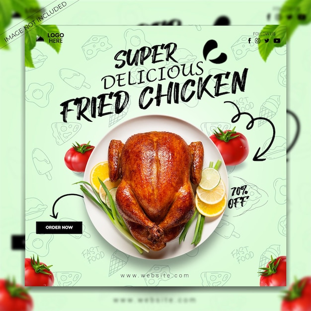 A poster for super delicious fried chicken with vegetables and fruits.