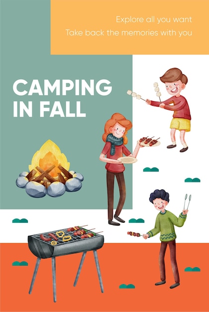 Poster template with autumn camping picnic conceptwatercolor style