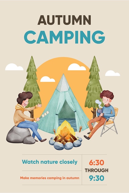 Poster template with autumn camping picnic conceptwatercolor style