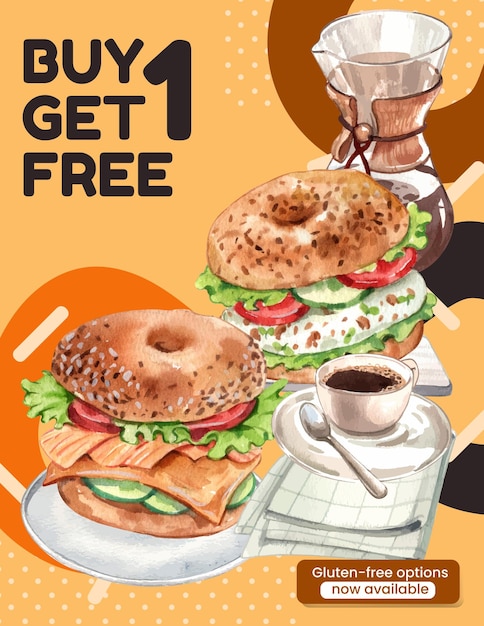 Poster template with bagel day conceptwatercolor style