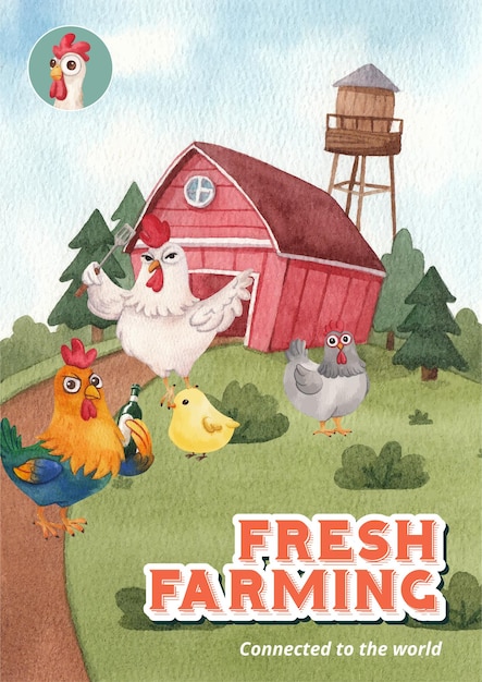 Poster template with chicken farm food conceptwatercolor style