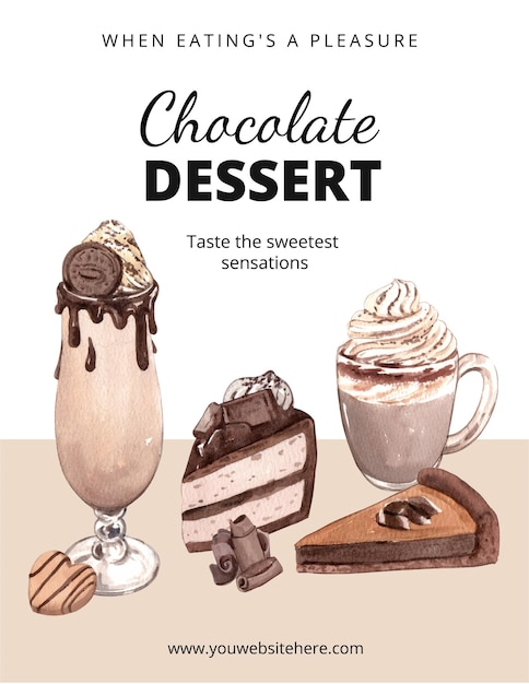 Poster template with chocolate dessert conceptwatercolor style