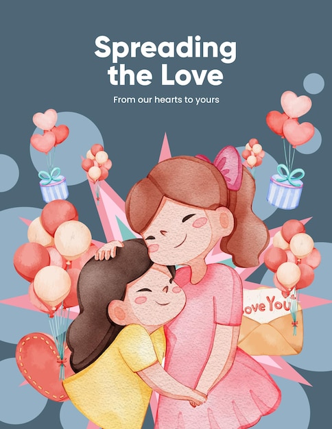 Poster template with girl child hug with love concpetwatercolor style