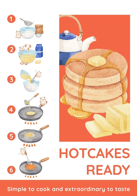 Poster template with happy pancake day conceptwatercolor style