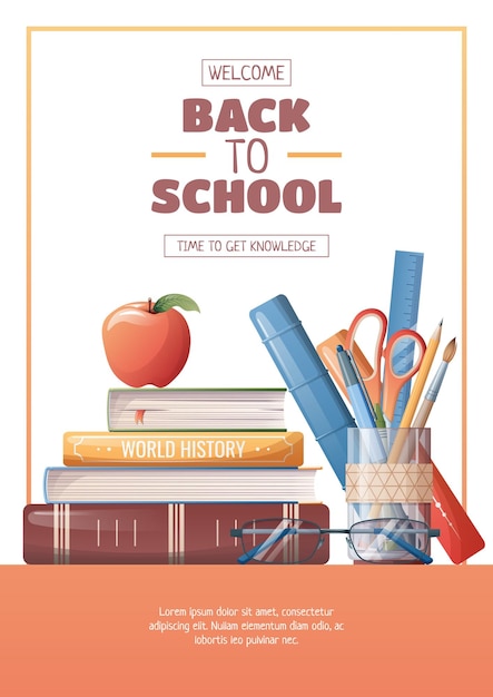 Poster template with school accessories textbooks and stationery Flyer design on the theme of school education Back to school school time studying Banner background poster size a4