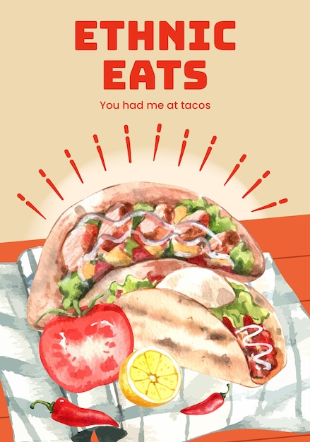 Poster template with taco day conceptwatercolor style