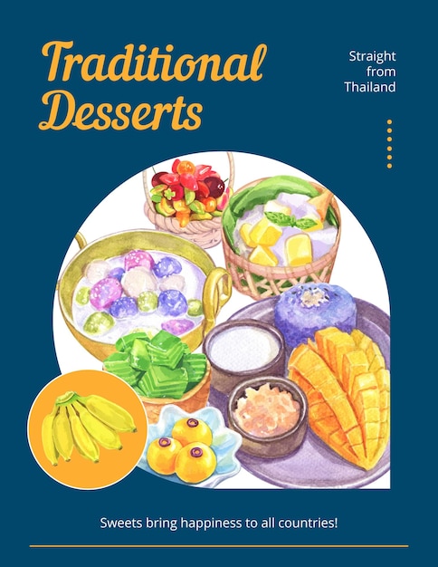 Poster template with Thai dessert conceptwatercolor style