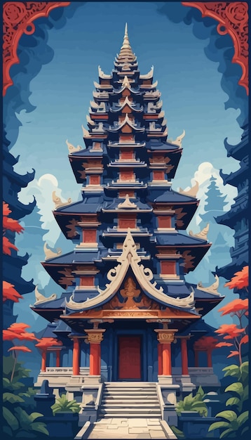 a poster for a temple with a blue sky and clouds