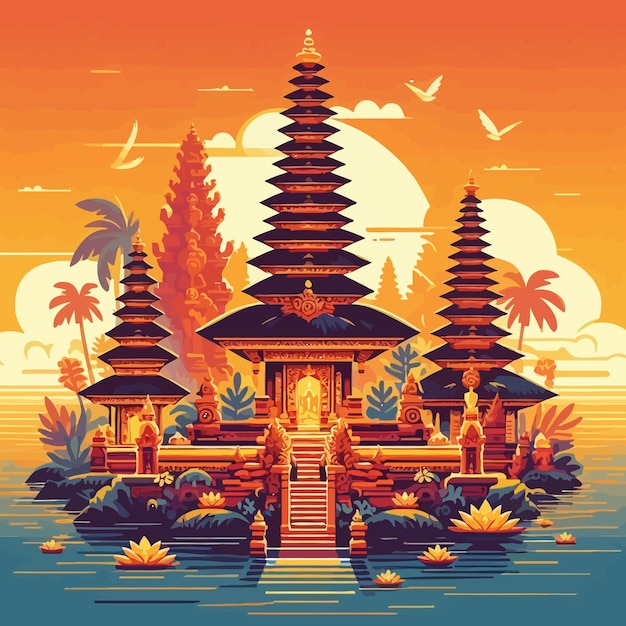 a poster for a temple with palm trees and a sunset in the background