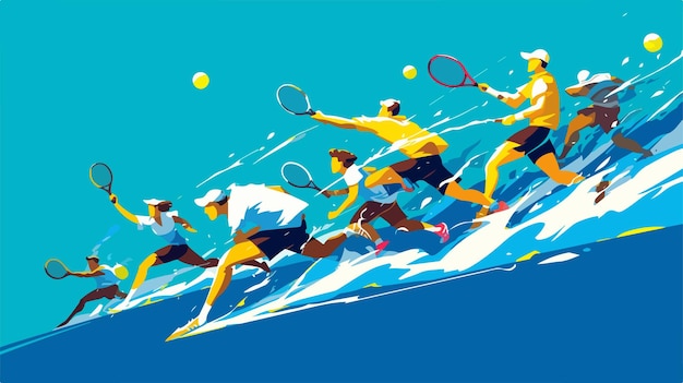 a poster of a tennis game with a man on a surfboard