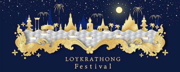 Poster of Thailand tradition in river worship Loy Kratong Festival in banner luxury Thai art