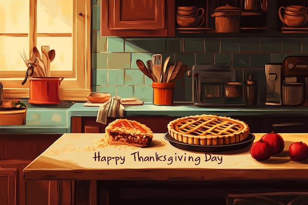 a poster for thanksgiving is displayed on a table