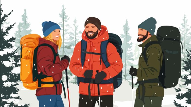 Vector a poster of three men with backpacks and snowflakes