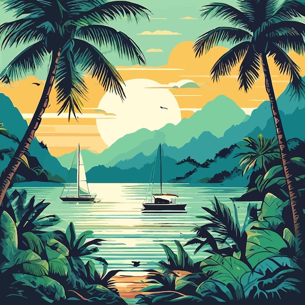 a poster for a tropical paradise with palm trees and a sailboat