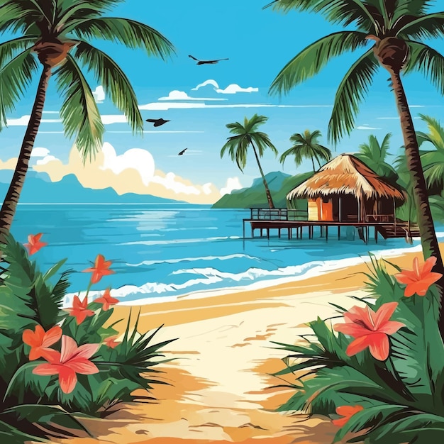 a poster for a tropical paradise with palm trees and a sailboat