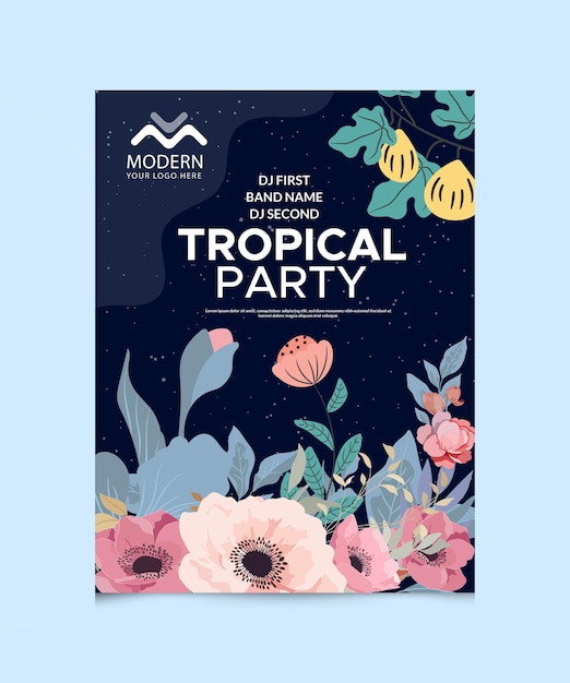 A poster for a tropical party with flowers and plants.