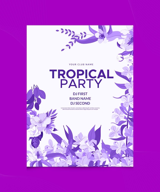 A poster for a tropical party with flowers on a purple background.