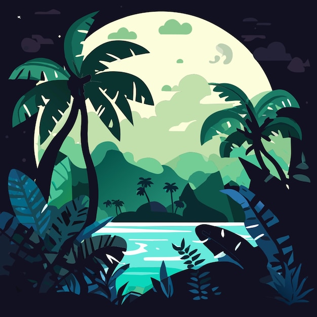 a poster for a tropical sunset with palm trees and a river