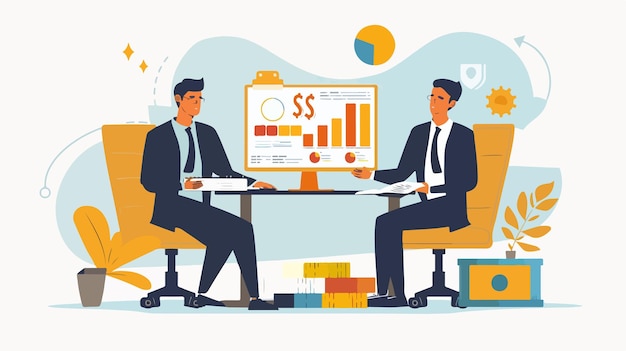 a poster of two men sitting at a desk with a chart showing the financial graphs