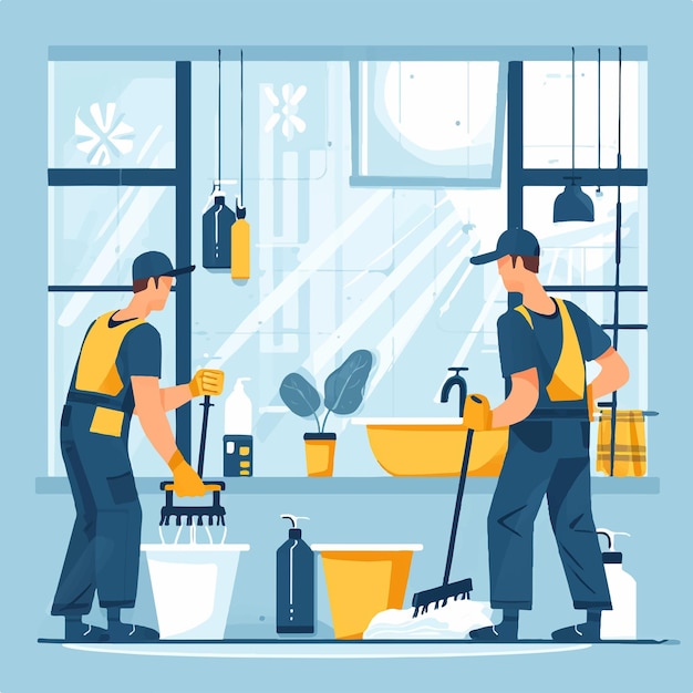 Vector a poster of two men working in a kitchen with a broom and a bucket of cleaning supplies