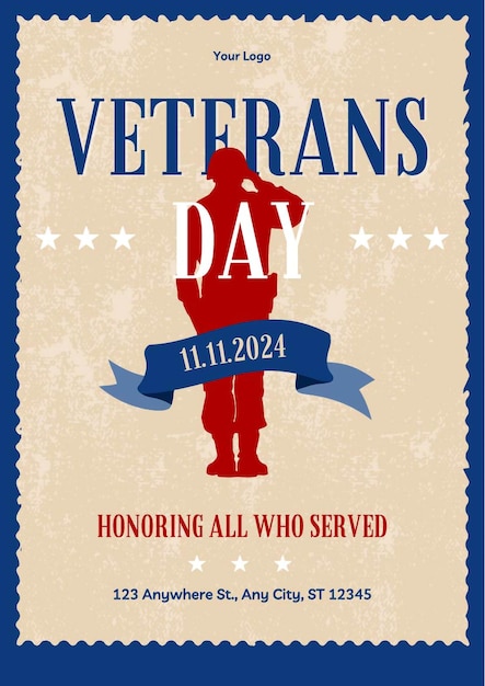 a poster for veterans day with a soldier holding a flag with blue and skin background