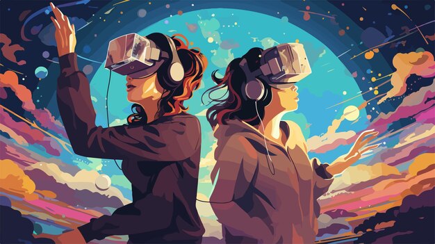 a poster for a video game called two people wearing headphones