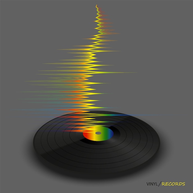 Poster of vinyl player record with rainbow wave Trendy colorful line style music on gray background Modern banner with vinyl music Vector illustration