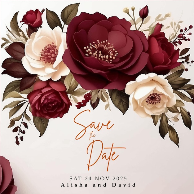 a poster for a wedding with flowers and a date that says save the date