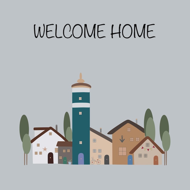 Poster Welcome home.Set of isolated cute tiny houses, small buil.Postcard,print,poster for children