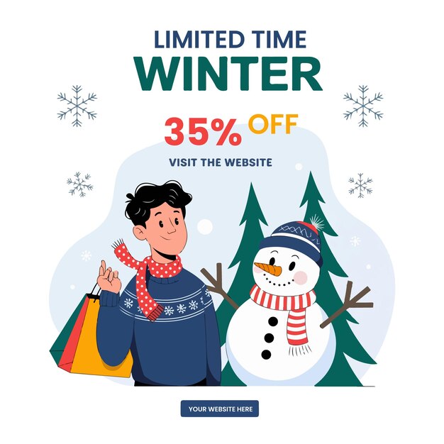 Vector a poster for winter sale a man in a sweater and scarf with a snowman in the background