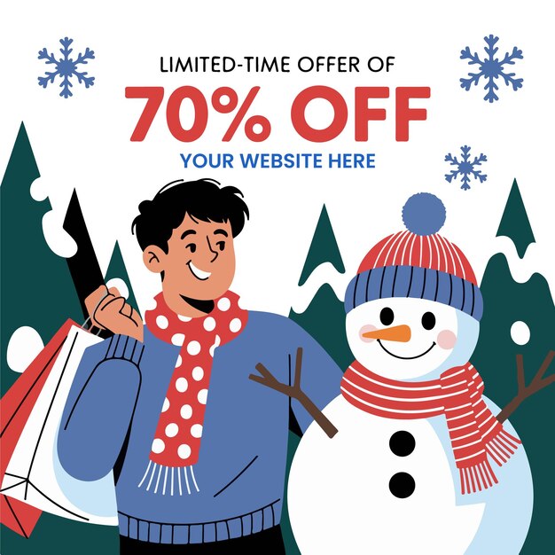 Vector a poster for winter sale a man with a snowman on his back and a snowman on the cover