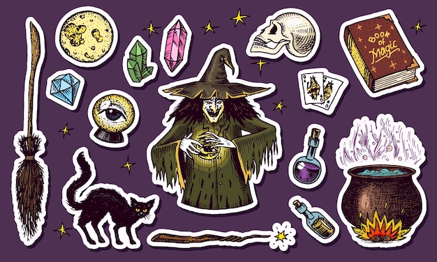 Vector a poster of a witch with a cat and a hat with the words 