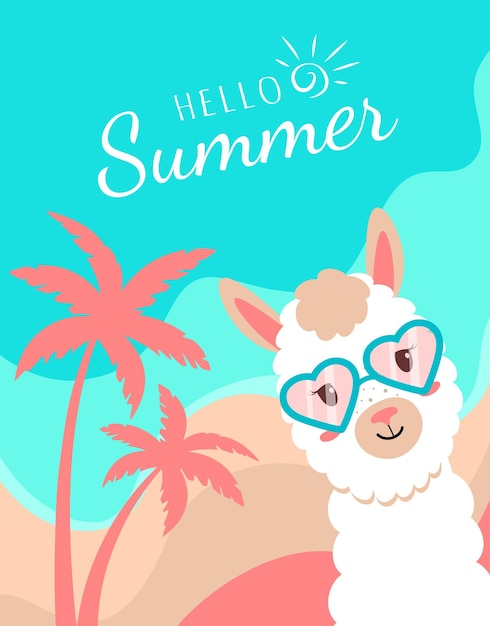 poster with alpaca and palm trees Sea sun and sand Lama with glasses on beach seascape hello summer