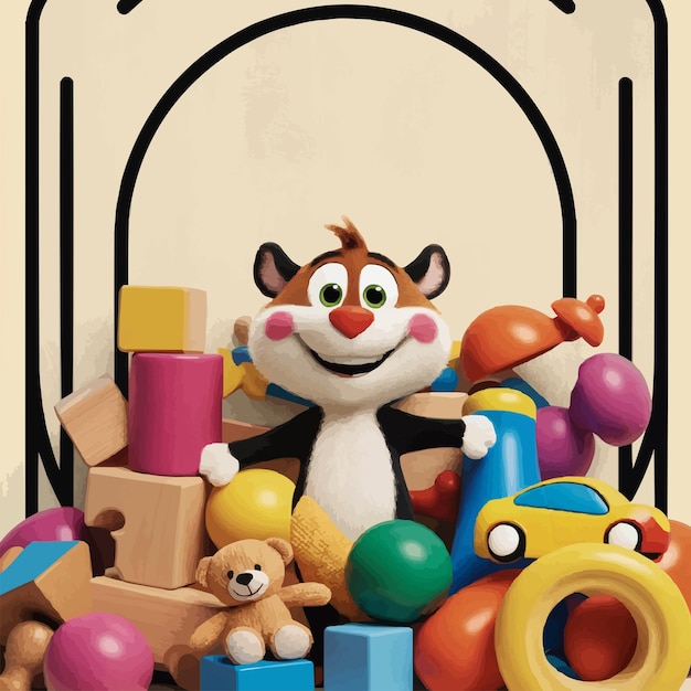 A poster with a cartoon character and some other toys design