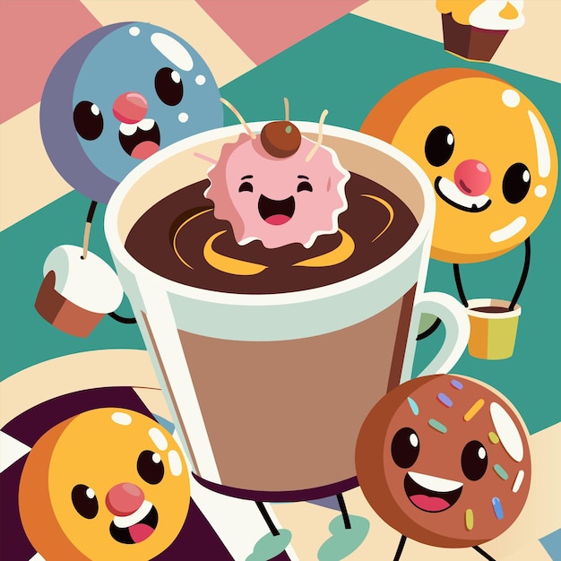 Vector a poster with cartoon characters and a cup of hot chocolate