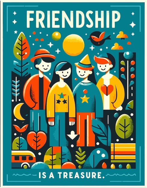 a poster with a cartoon of friends and trees with the words friendship