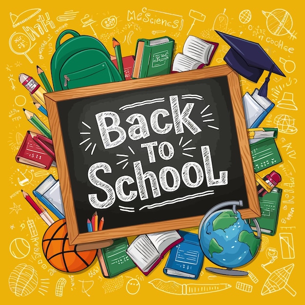 a poster with a chalkboard that says back to school