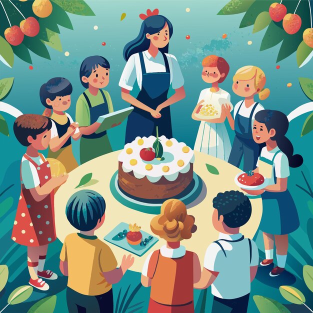 Vector a poster with children around a table with a cake on it