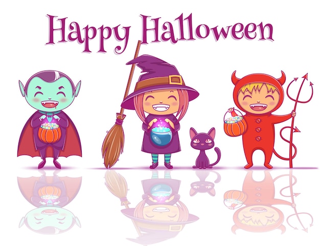 Poster with Children in halloween costumes of witch, vampire and devil are ready for Happy Halloween Party. Isolated on white background with reflection. Vector illustration