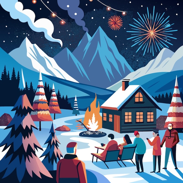 Vector a poster with a christmas tree and people in front of a cabin with a star in the background